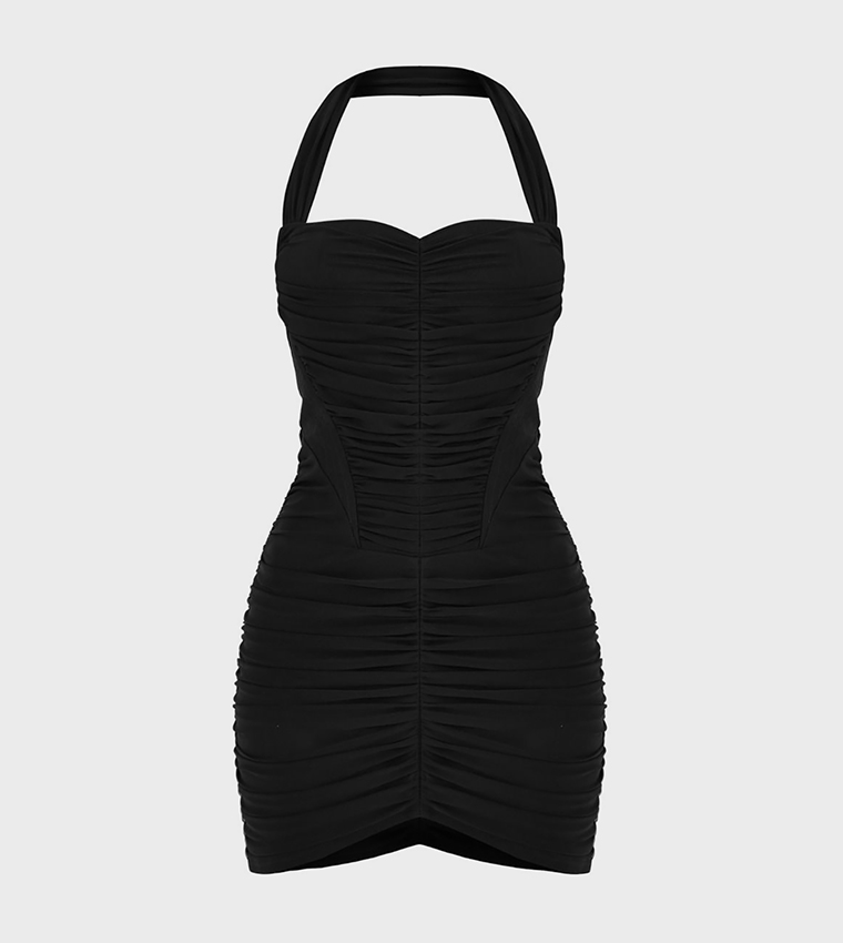Buy PrettyLittleThing Mesh Extreme Ruched Corset Halterneck Bodycon Mini  Dress In Black | 6thstreet Saudi Arabia