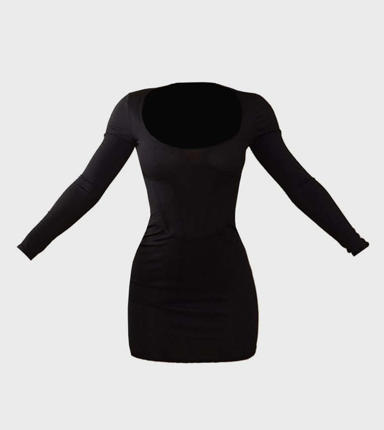 Ribbed Corset Seam Square Neck Bodycon Mini Dress