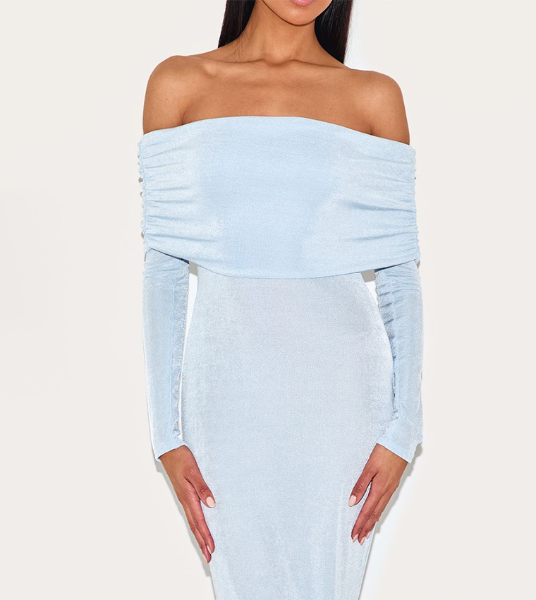 light blue acetate slinky bardot long sleeve maxi dress Women's Light Blue Acetate Slinky Bardot Long Sleeve Maxi Dress