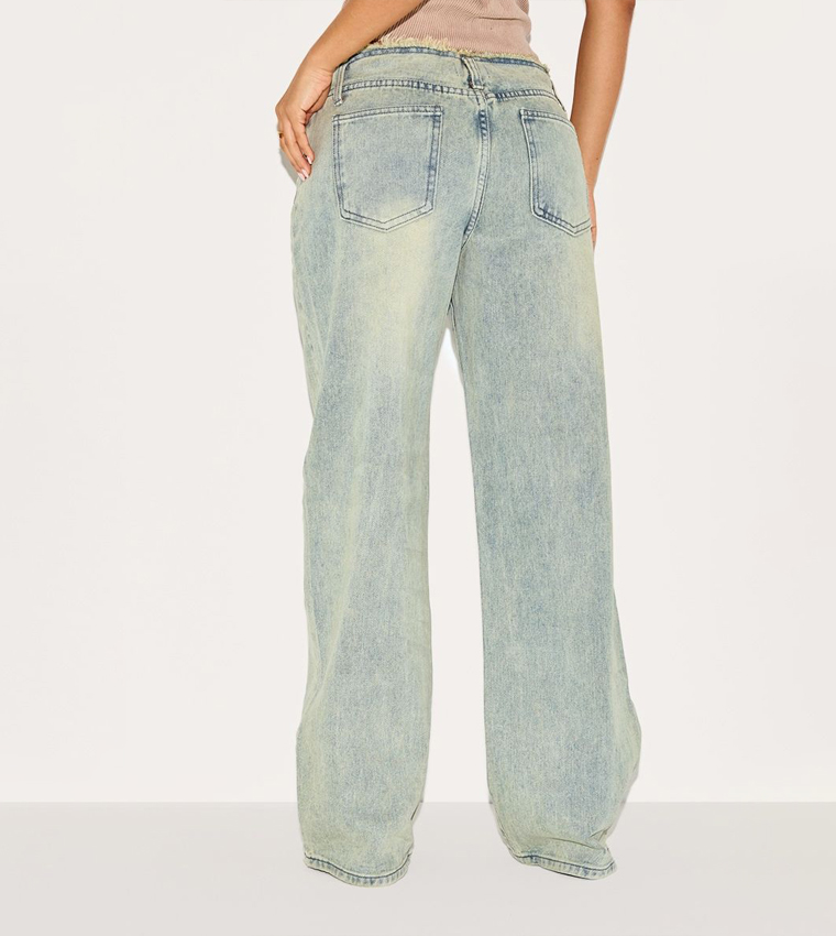 Petite Vintage Wash Fray Waist Low Rise Straight Fit Jeans