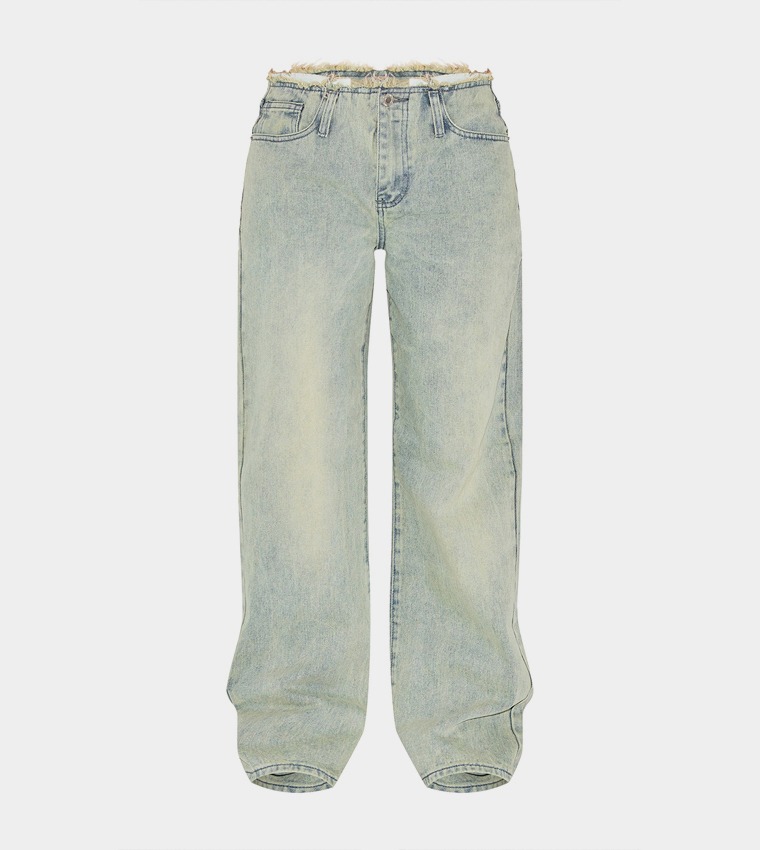 Petite Vintage Wash Fray Waist Low Rise Straight Fit Jeans