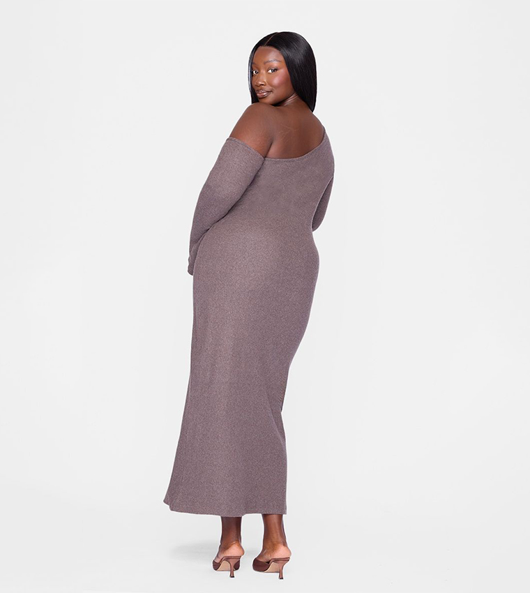 Buy PrettyLittleThing Curve Heavy Brushed Asymmetric Ruched Maxi Dress In  Brown