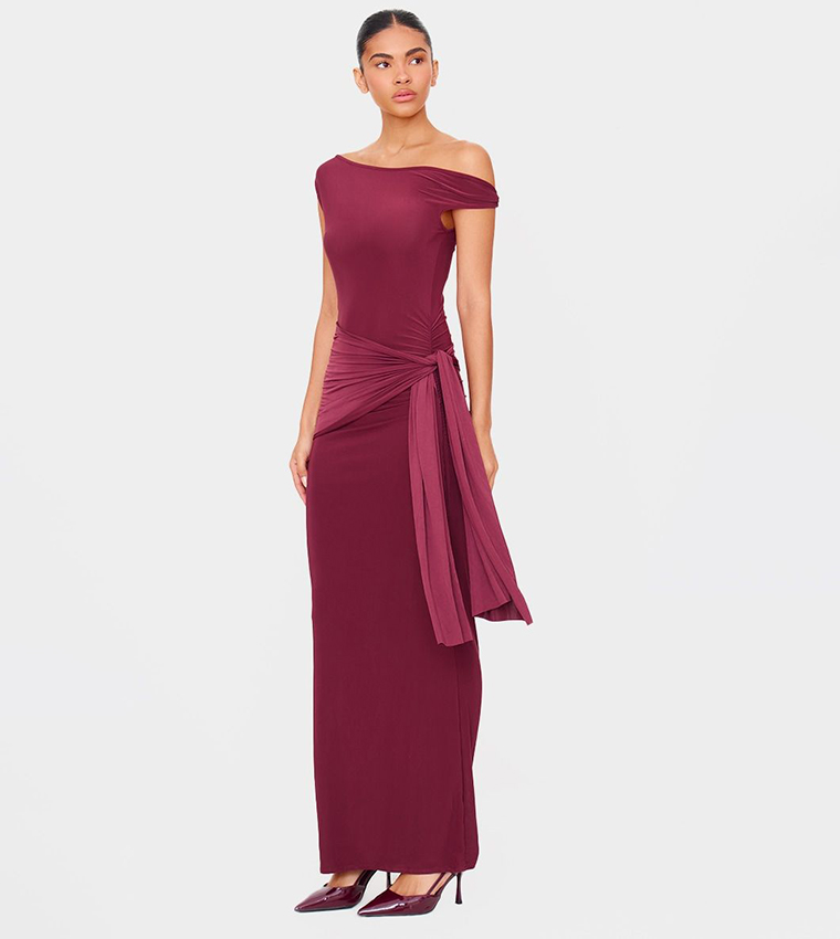 Buy PrettyLittleThing Slinky Off Shoulder Wrap Detail Maxi Dress In Red |  6thStreet UAE