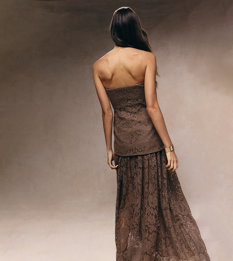 Lace Sheer Skirt Panel Strapless Maxi Dress
