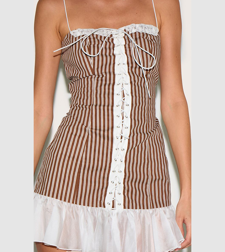 Buy PrettyLittleThing Striped Lace Up Frill Hem Bodycon Dress In Brown | 6thStreet UAE Buy PrettyLittleThing Striped Lace Up Frill Hem Bodycon Dress In Brown | 6thStreet UAE