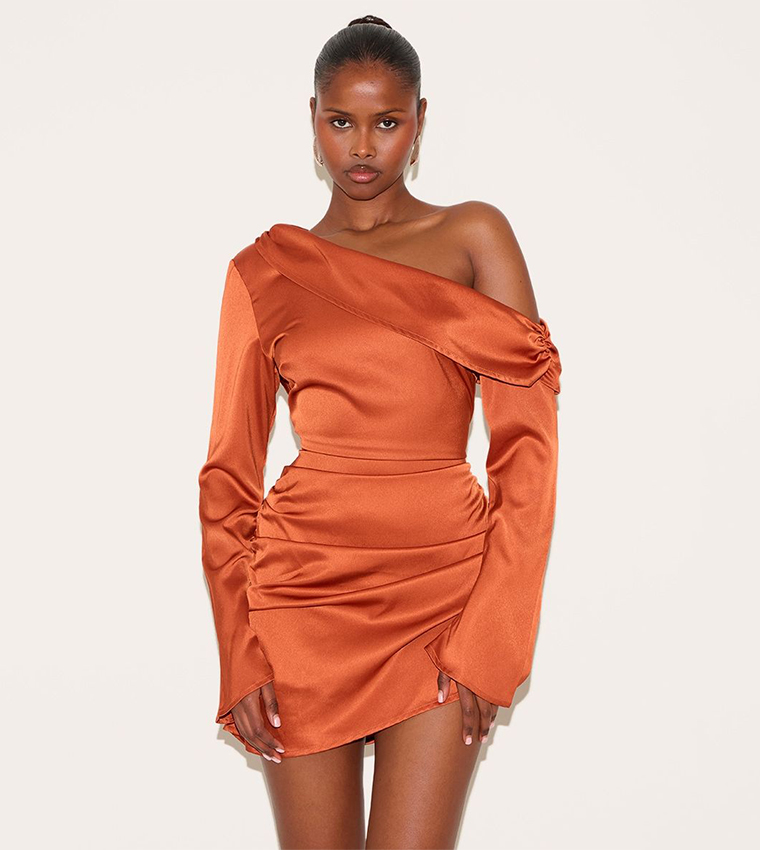 Satin One Shoulder Drape Bodycon Dress