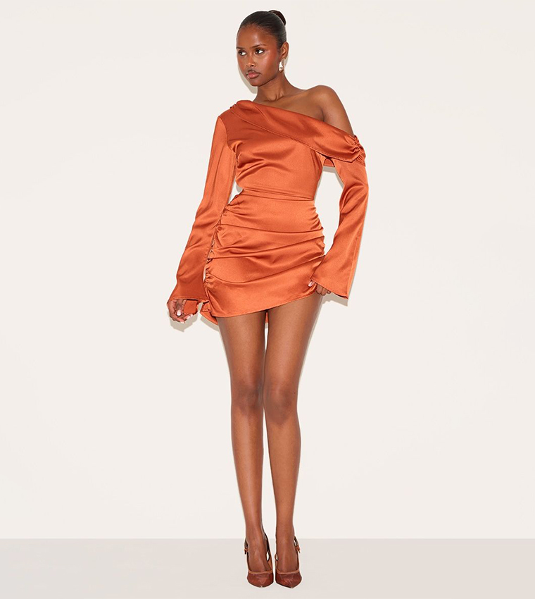 Satin One Shoulder Drape Bodycon Dress