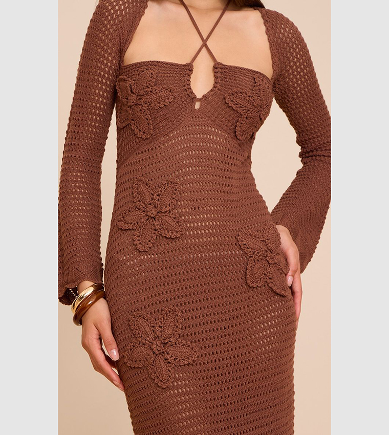 Buy PrettyLittleThing Flower Applique Long Sleeve Crochet Maxi Dress In  Brown | 6thstreet Saudi Arabia