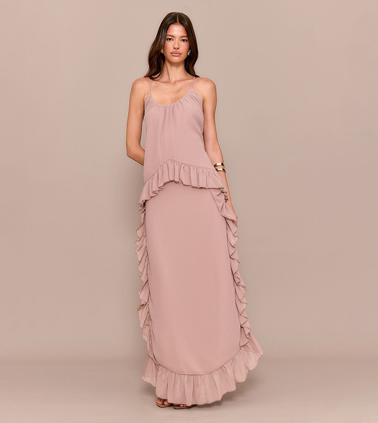 Buy PrettyLittleThing Chiffon Frill Cami Maxi Dress In Brown | 6thstreet UAE