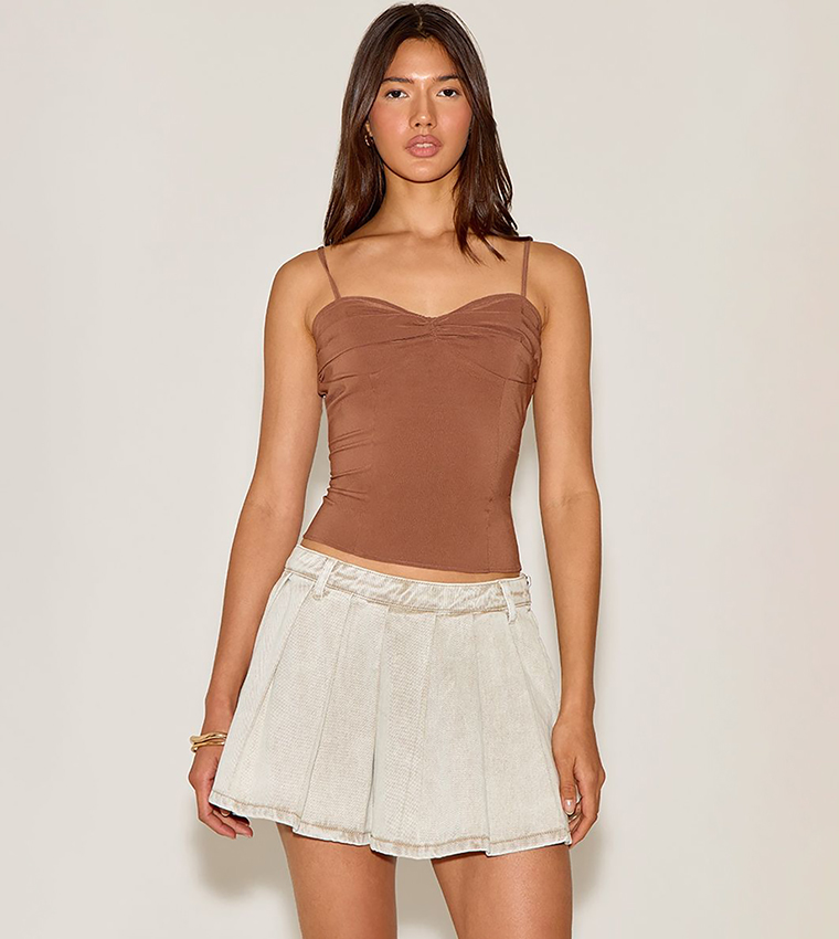 Washed Low Rise Pleated Denim Mini Skirt