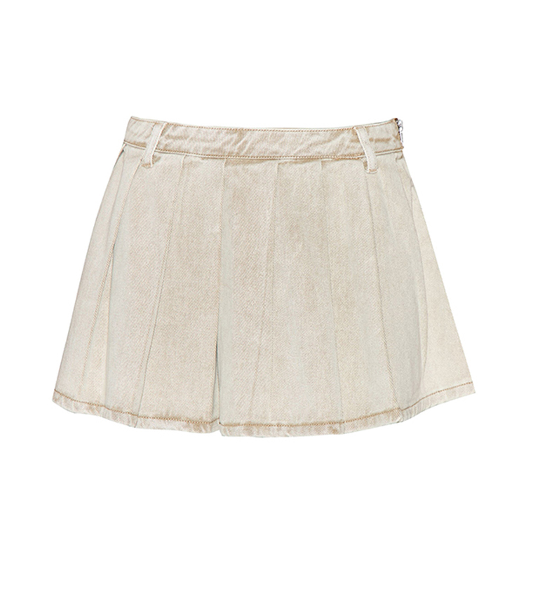 Washed Low Rise Pleated Denim Mini Skirt