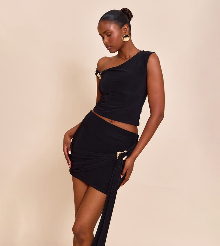 Double Layer Slinky Trim Detail Asymmetric Top