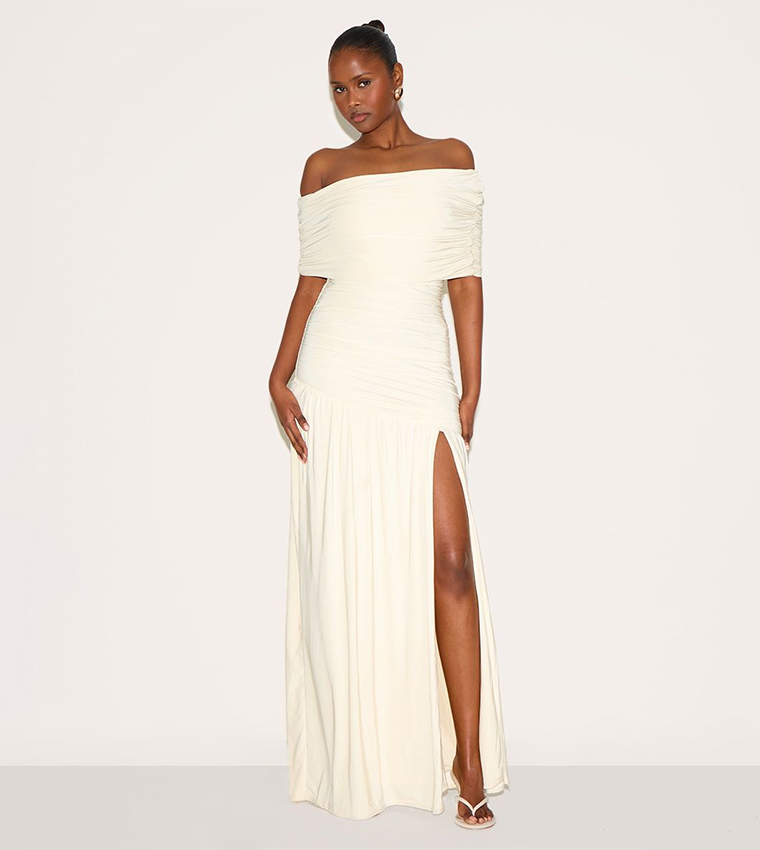 Double Layer Slinky Bardot One Shoulder Ruched Maxi Dress