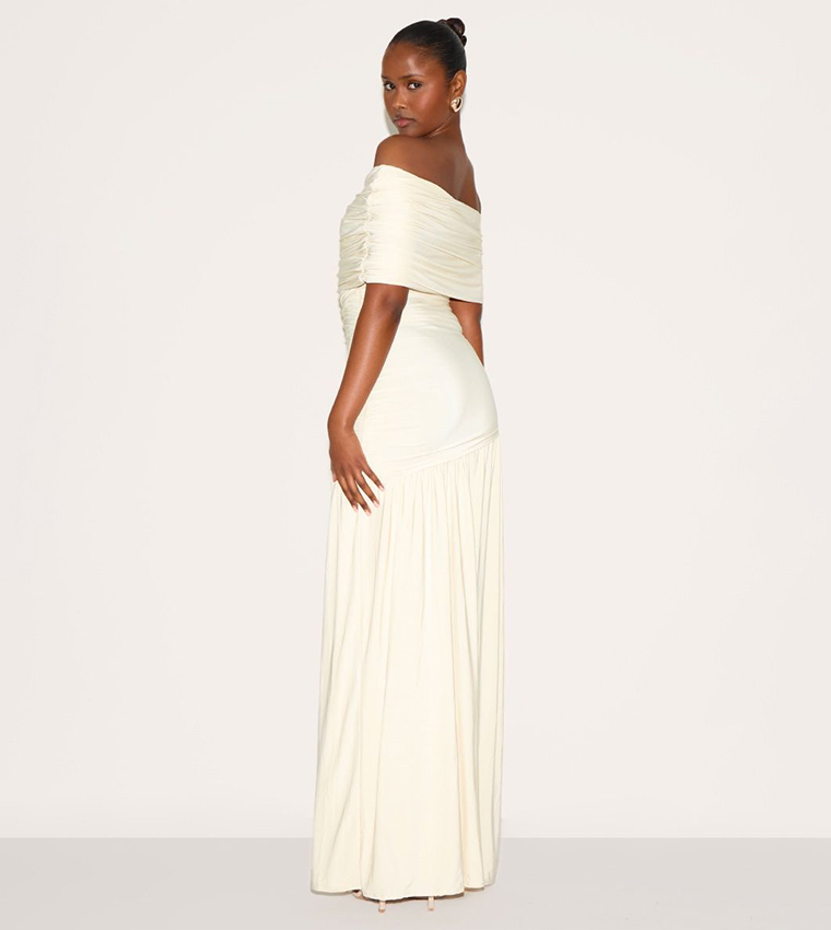 Double Layer Slinky Bardot One Shoulder Ruched Maxi Dress