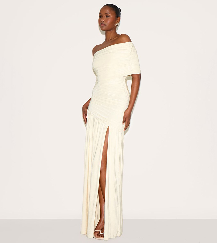 Double Layer Slinky Bardot One Shoulder Ruched Maxi Dress