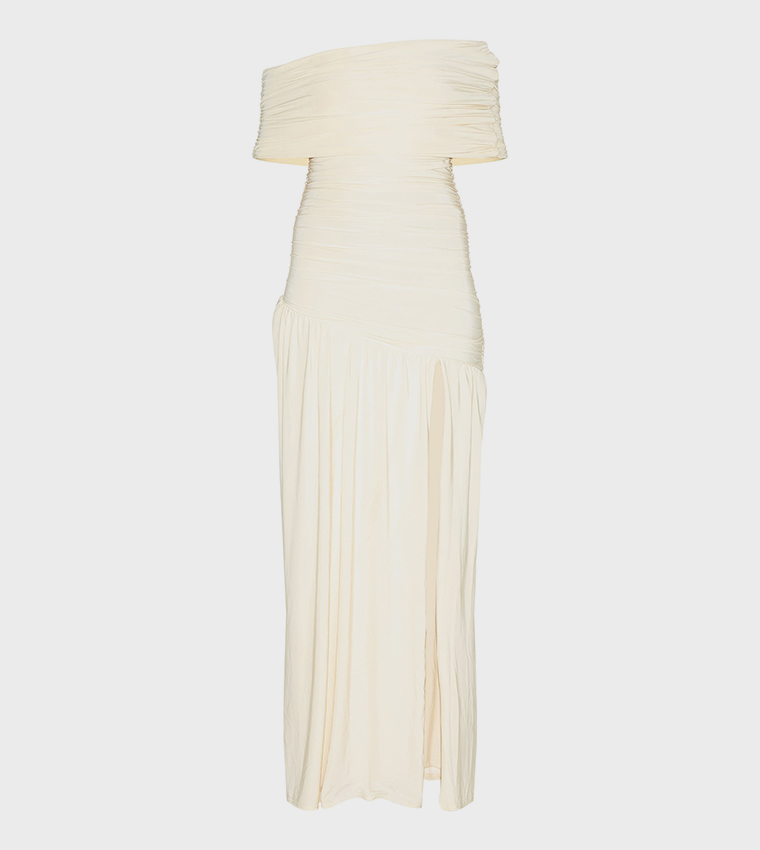 Double Layer Slinky Bardot One Shoulder Ruched Maxi Dress