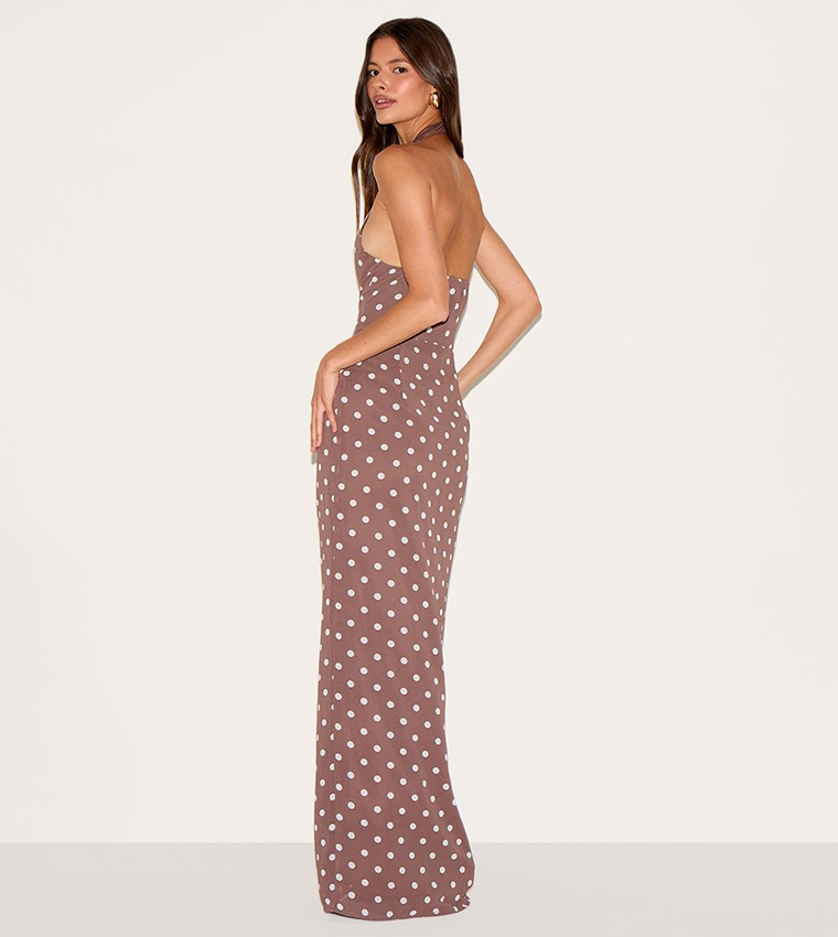 pretty little thing brown polka dot dress Women's Brown Contrast Polka Dot Halterneck Maxi Dress