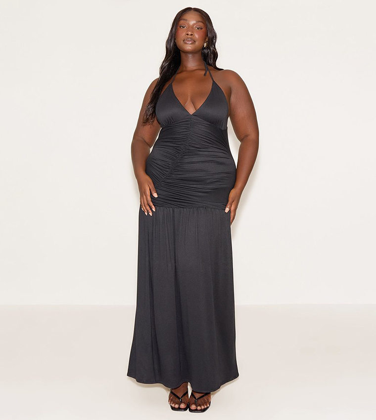 Buy PrettyLittleThing Curve Double Layer Soft Touch Shift Hem Maxi Dress In  Black | 6thstreet Oman