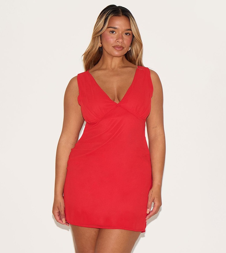 Buy PrettyLittleThing Shape Chiffon Plunge Front Mini Dress In Red