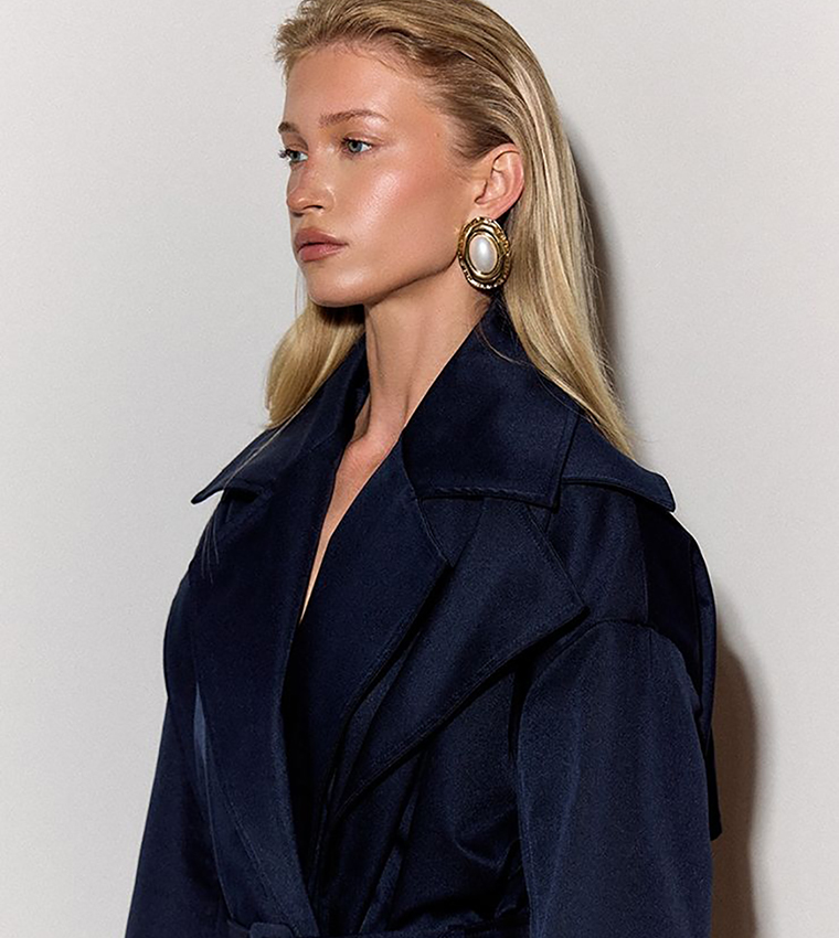 Double Collar Tie Waist Trench Coat