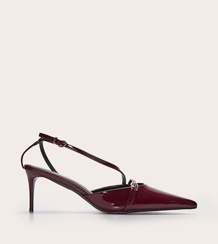 Burgundy Pointed Toe Buckle Detail Pumps