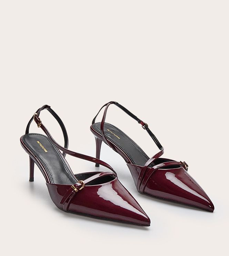 Burgundy Pointed Toe Buckle Detail Pumps