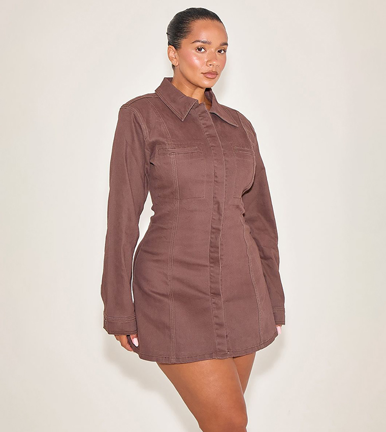 Buy PrettyLittleThing Shape Stretch Denim A Line Mini Dress In Brown |  6thstreet UAE