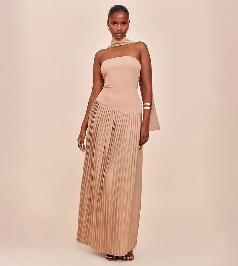 strapless open back dress Olympia Asymmetrical Pleated Maxi Dress M / Eclipsed Gold
