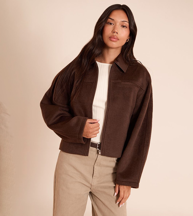 PU Collar Zip-Through Jacket