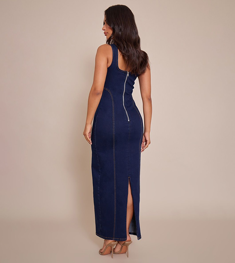 Buy PrettyLittleThing Petite Bodycon Seam Detail Denim Maxi Dress In Blue |  6thStreet UAE