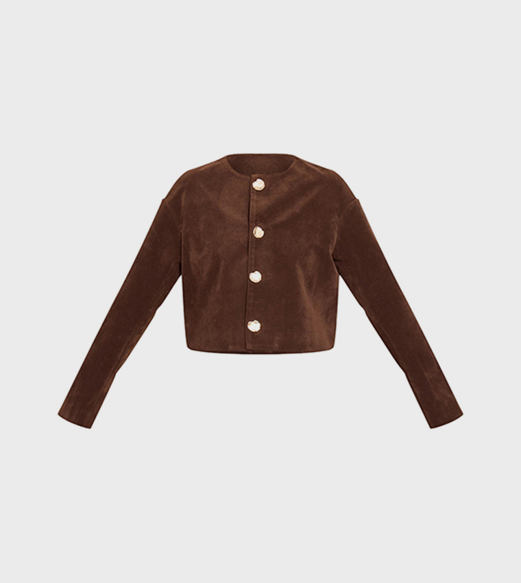 جاكيت شامواه بياقة دائرية وأزرار ذهبية 