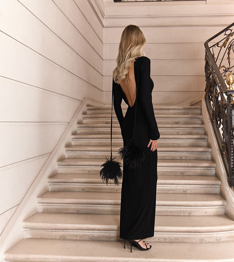 Buy PrettyLittleThing Premium Mesh Feather Pom Pom Open Back Maxi Dress In  Black | 6thstreet Saudi Arabia