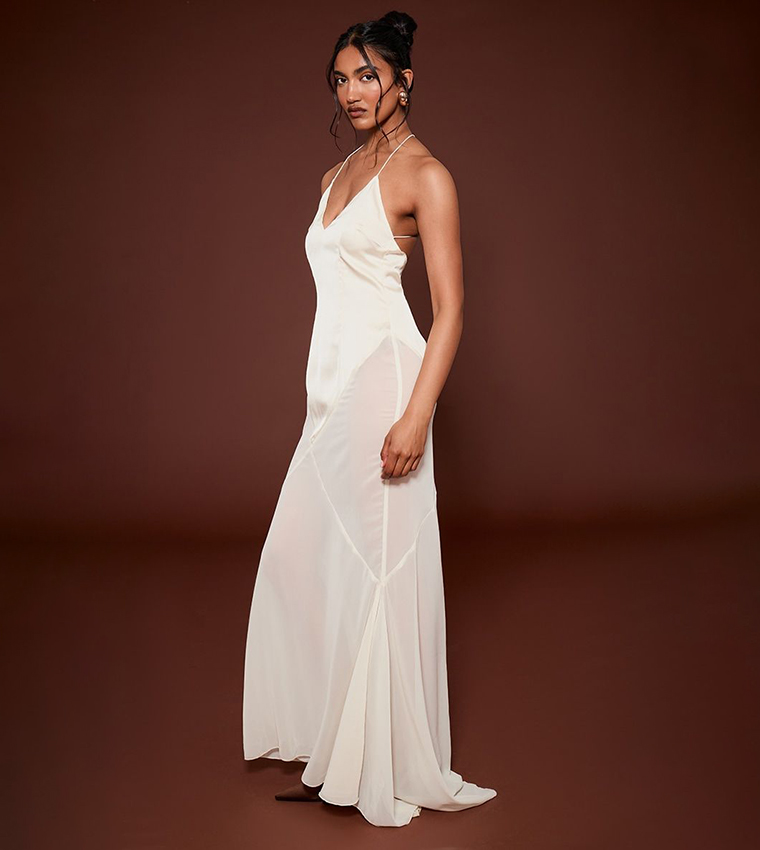 Oyster Satin Contrast V-Neck Maxi Dress