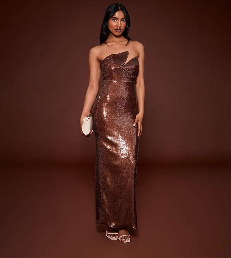 Buy PrettyLittleThing Sequined Strapless Wired Maxi Dress In Brown |  6thstreet UAE