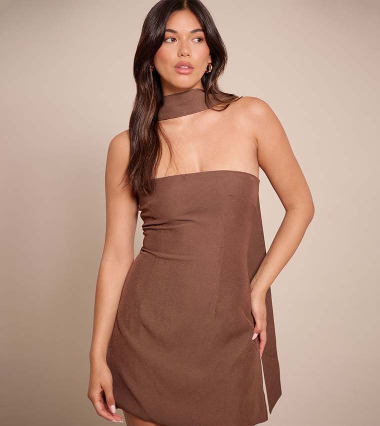 brown strapless dress with scarf Soleil