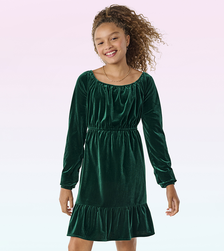 Buy Sugar & Jade Velvet Ruffle Hem Dress In Green | 6thStreet Kuwait