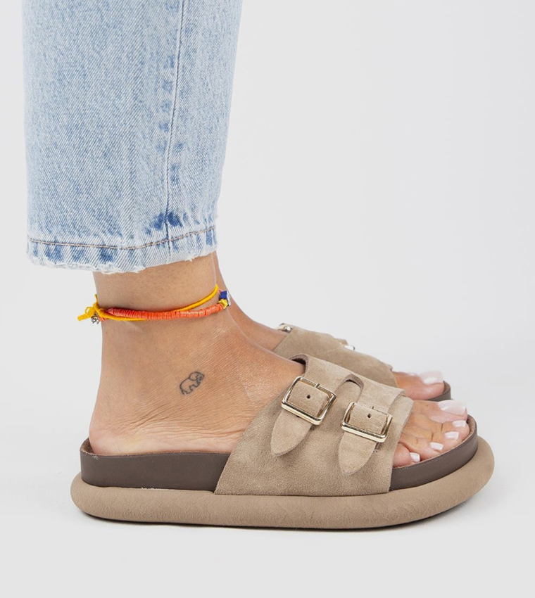 صندل جلد طبيعي مريح بمشبكين