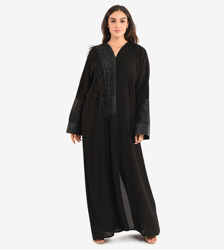 Long Sleeve V Neck Abaya - Black