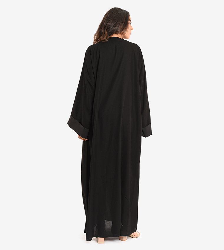 Long Sleeve V Neck Abaya - Black