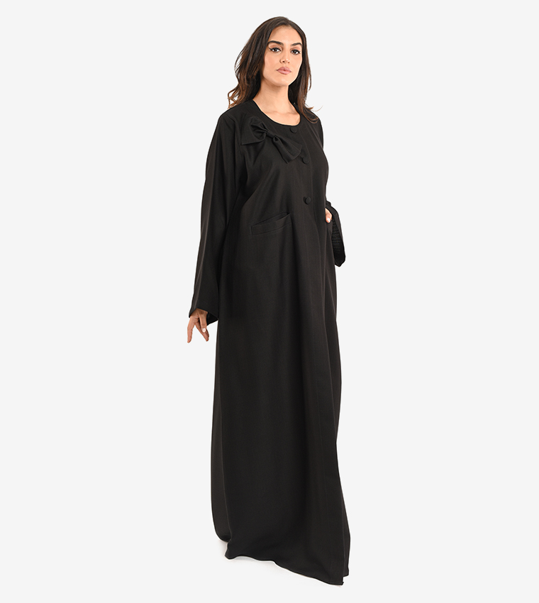 Long Sleeve V Neck Abaya - Black