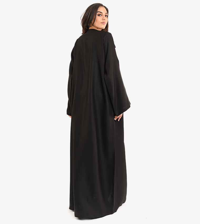 Long Sleeve V Neck Abaya - Black