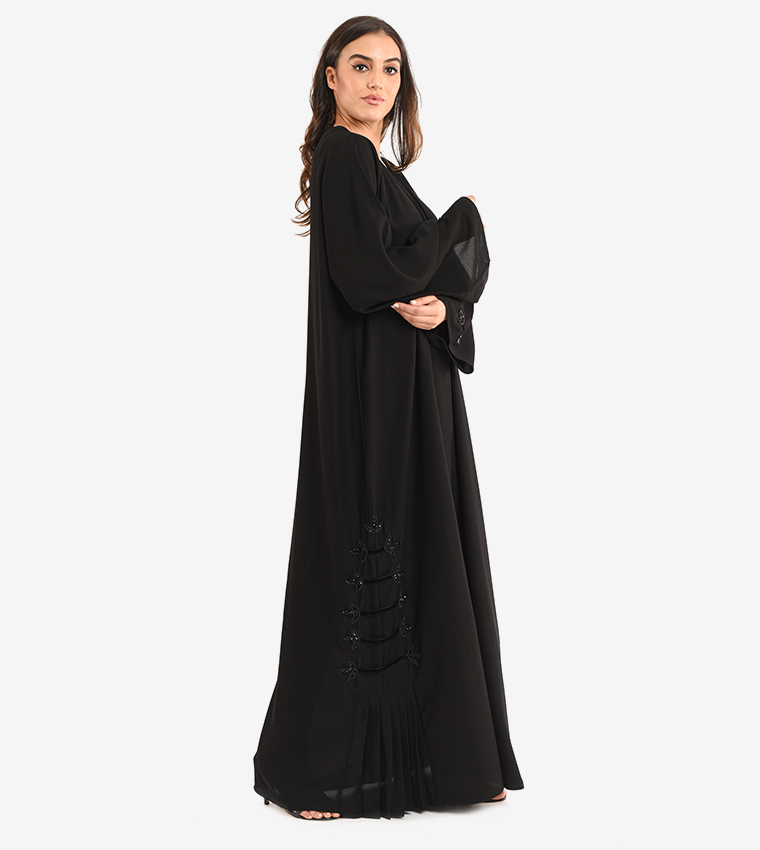 Long Sleeve V Neck Abaya - Black