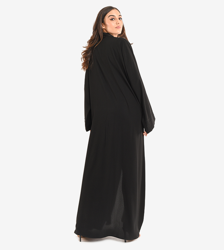 Long Sleeve V Neck Abaya - Black