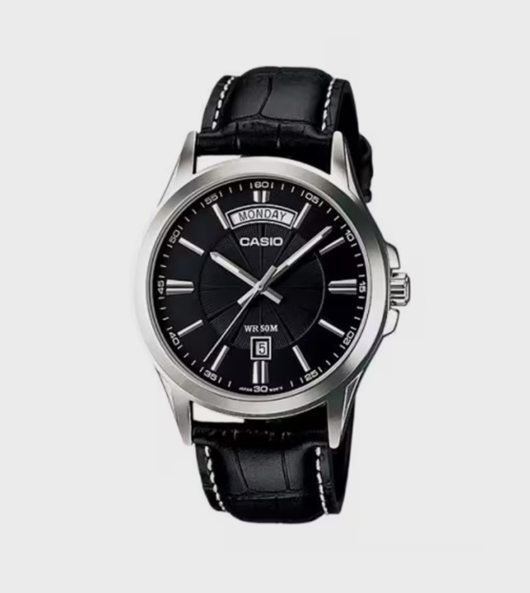 Black Dial Leather Strap Analog Watch