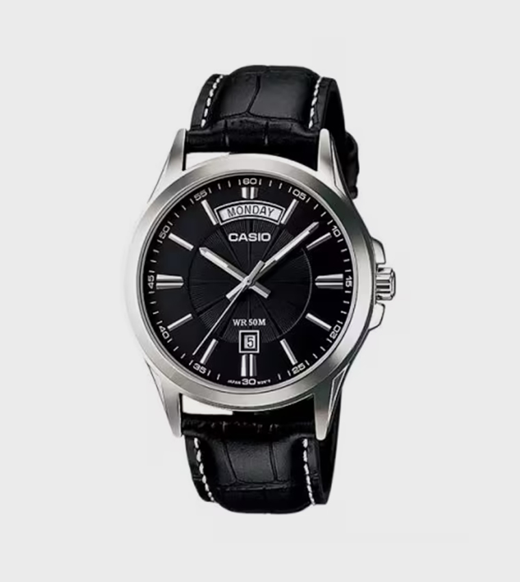 Black Dial Leather Strap Analog Watch