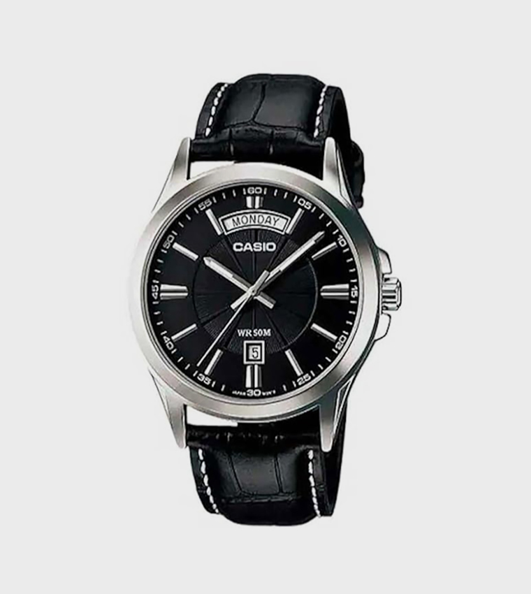Black Dial Leather Strap Analog Watch