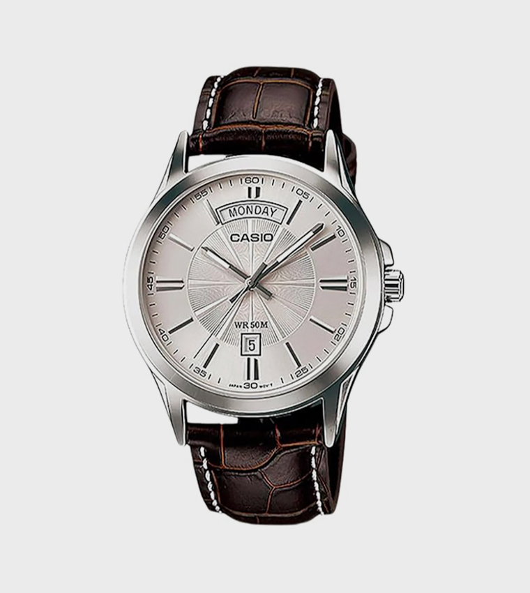 White Dial Leather Strap Analog Watch
