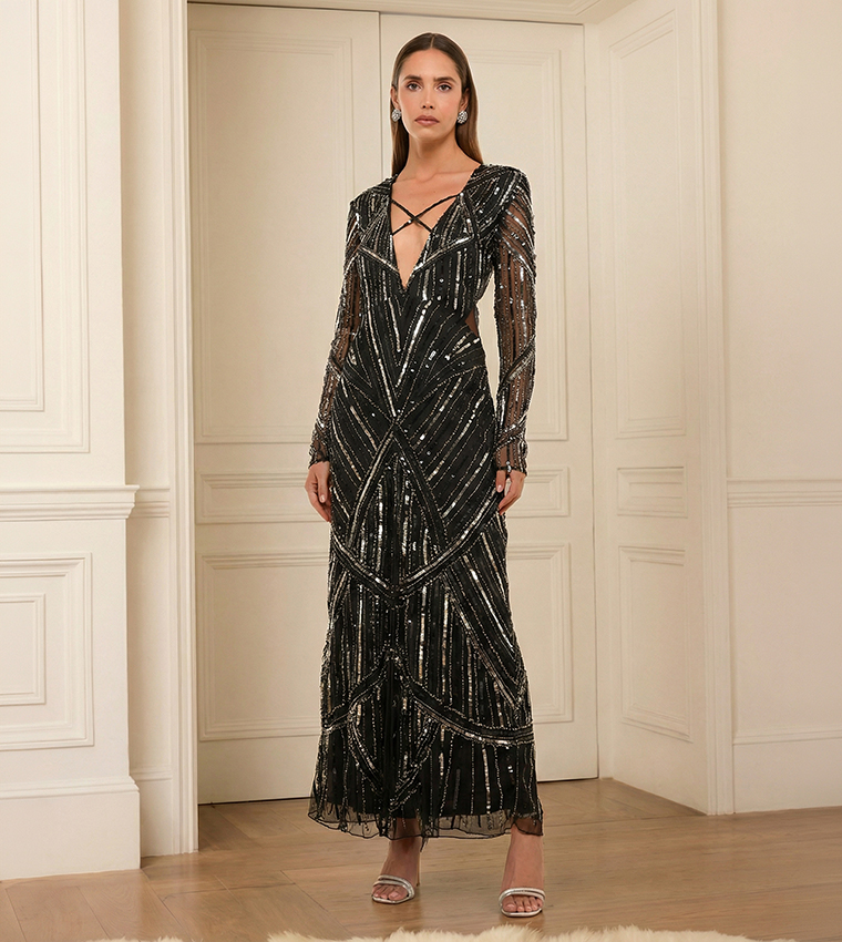 Embellished Long Sleeves V-Neck Maxi Dress