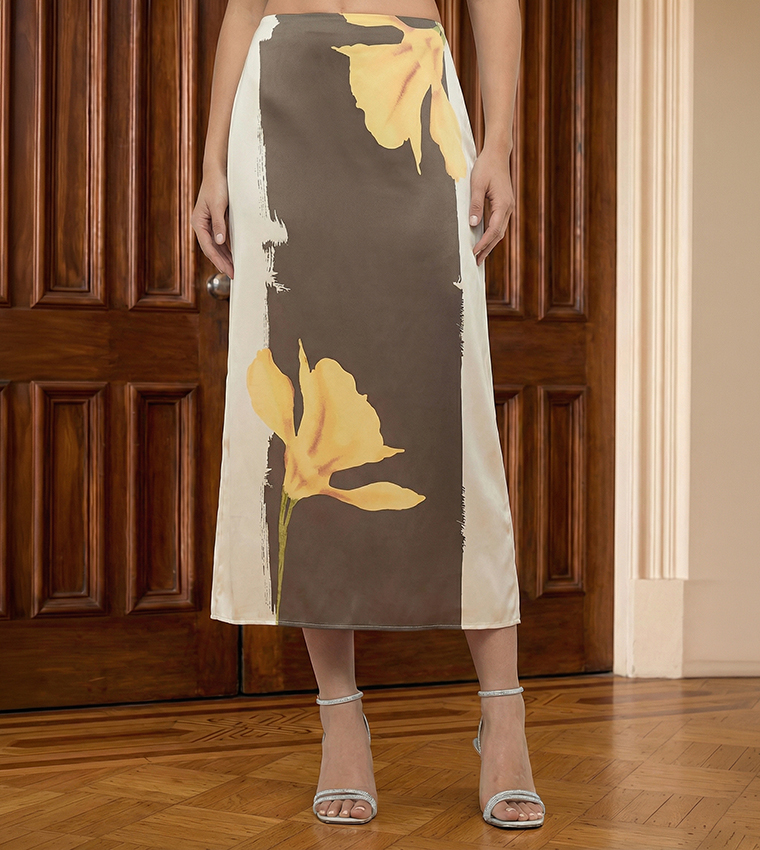 Printed Elastic Waist Satin Midi Skirt