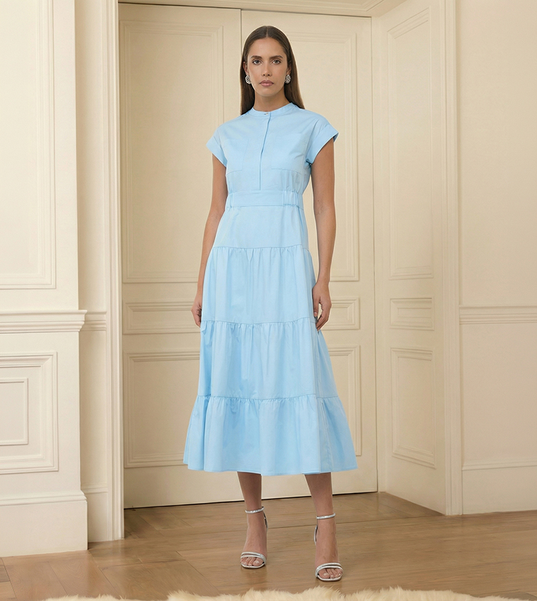 Buy BCBG Solid High Neck Poplin Tiered Dress In Blue | 6thstreet Bahrain Buy BCBG Solid High Neck Poplin Tiered Dress In Blue | 6thstreet Bahrain